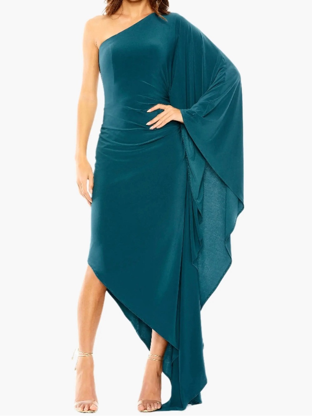 Mac Duggal One Shoulder Cape Sleeve Ruched High Low Jersey Asymmetrical Gown